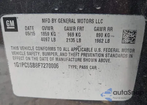 2015 Chevrolet Cruze 1Lt Auto из США, поврежденный, VIN 1G1PC5SB8F7270006